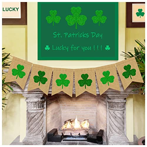 Glitter St Patricks Day Banner For Mantle - Shamrock Garland Banner, NO DIY Shamrock Decorations Rustic Clover Green Irish Garland Banner for Home Office Decor