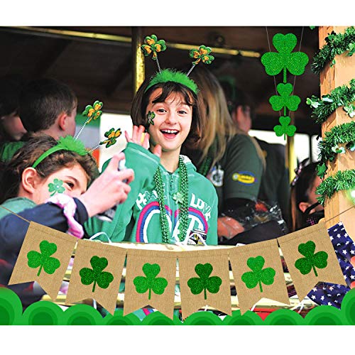 Glitter St Patricks Day Banner For Mantle - Shamrock Garland Banner, NO DIY Shamrock Decorations Rustic Clover Green Irish Garland Banner for Home Office Decor