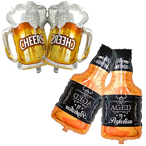 BIEUFBJI Whiskey Bottle Beer Cup Balloons Set of 4 Whiskey Bottle Beer Mug Super Shape Mylar Foil Balloon for Bar Summer Party Beer Festival Birthday Party Party Decoration Supplies