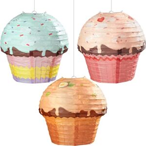 12 inches cupcake hanging paper lanterns donut hanging paper lanterns candyland party decorations donut dessert baby shower decorations sweet candy party supplies (3 pieces)