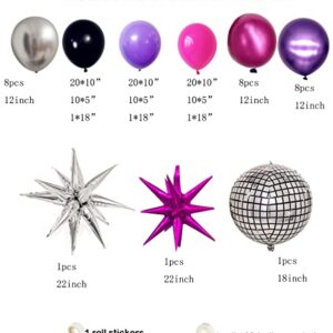 Women Birthday Disco Party Decorations, Girls Birthday Party Balloons Black Purple Rose Red Metallic Silver Explode Star Mylar Silver Disco Ball Balloon for Females Bachelorette Hip Pop Party Decor