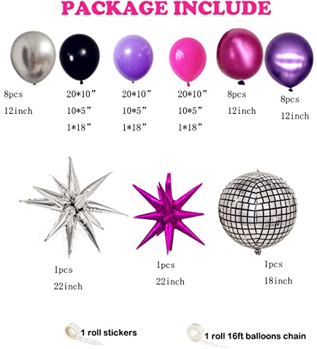 Women Birthday Disco Party Decorations, Girls Birthday Party Balloons Black Purple Rose Red Metallic Silver Explode Star Mylar Silver Disco Ball Balloon for Females Bachelorette Hip Pop Party Decor