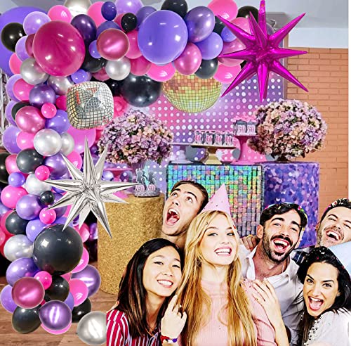 Women Birthday Disco Party Decorations, Girls Birthday Party Balloons Black Purple Rose Red Metallic Silver Explode Star Mylar Silver Disco Ball Balloon for Females Bachelorette Hip Pop Party Decor