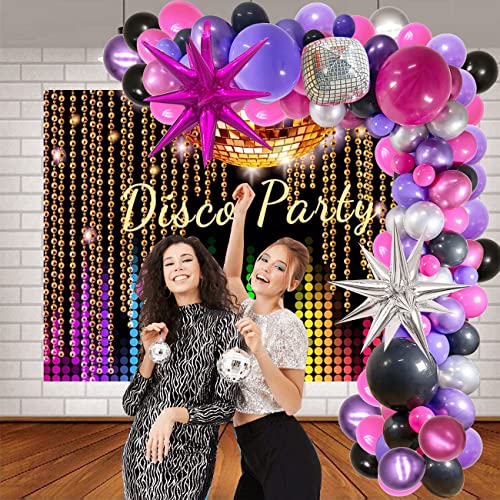 Women Birthday Disco Party Decorations, Girls Birthday Party Balloons Black Purple Rose Red Metallic Silver Explode Star Mylar Silver Disco Ball Balloon for Females Bachelorette Hip Pop Party Decor