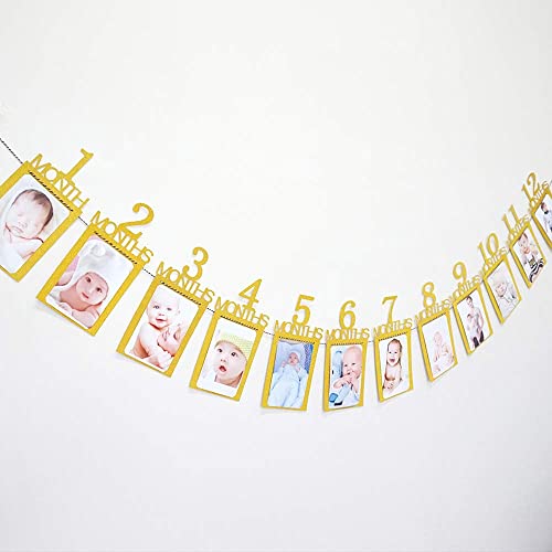 Baby First Birthday Banner, 1st Birthday Decorations, Recording Baby From 1 To 12 Month Growth Photo Supplies, Gold Glitter First Birthday Party Sign Bunting