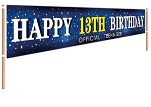 large blue happy 13th birthday banner huge official teenager sign 13th bday party sign for yard garden 13th blue birthday party decoration 13th birthday party photo backdrop outdoor (9.8 x 1.6 feet)