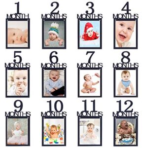 1st birthday baby photo banner ，growth record 1-12 month photo prop ，monthly milestone photograph bunting garland, first birthday celebration decoration （black）