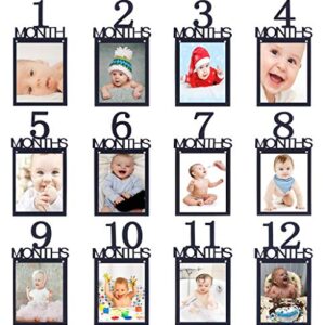 1st Birthday Baby Photo Banner ，Growth Record 1-12 Month Photo Prop ，Monthly Milestone Photograph Bunting Garland, First Birthday Celebration Decoration （Black）