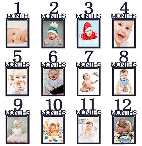 1st Birthday Baby Photo Banner ，Growth Record 1-12 Month Photo Prop ，Monthly Milestone Photograph Bunting Garland, First Birthday Celebration Decoration （Black）