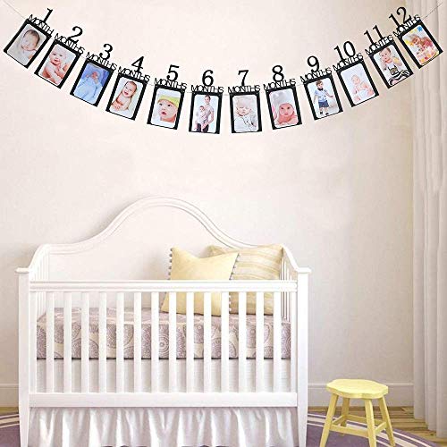 1st Birthday Baby Photo Banner ，Growth Record 1-12 Month Photo Prop ，Monthly Milestone Photograph Bunting Garland, First Birthday Celebration Decoration （Black）