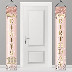 10th birthday door banner decorations for girls, pink rose gold happy 10 birthday door porch backdrop party supplies, ten year old birthday sign decor