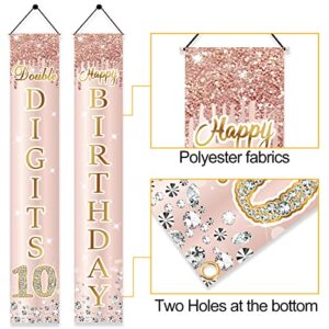 10th Birthday Door Banner Decorations for Girls, Pink Rose Gold Happy 10 Birthday Door Porch Backdrop Party Supplies, Ten Year Old Birthday Sign Decor