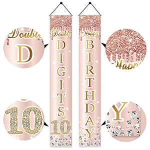 10th Birthday Door Banner Decorations for Girls, Pink Rose Gold Happy 10 Birthday Door Porch Backdrop Party Supplies, Ten Year Old Birthday Sign Decor