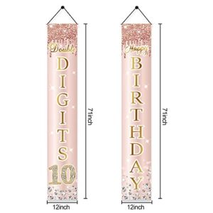 10th Birthday Door Banner Decorations for Girls, Pink Rose Gold Happy 10 Birthday Door Porch Backdrop Party Supplies, Ten Year Old Birthday Sign Decor