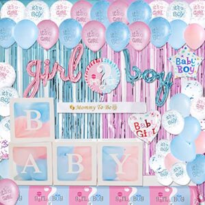 gender reveal decorations – inclusive white baby boxes with letters, “boy girl” foil balloon,fringe curtain for gender reveal party supplies