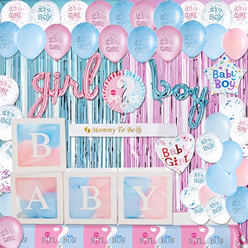 Gender Reveal Decorations - Inclusive White Baby Boxes with Letters, "boy girl" Foil Balloon,Fringe Curtain for Gender Reveal Party Supplies