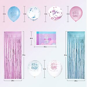 Gender Reveal Decorations - Inclusive White Baby Boxes with Letters, "boy girl" Foil Balloon,Fringe Curtain for Gender Reveal Party Supplies