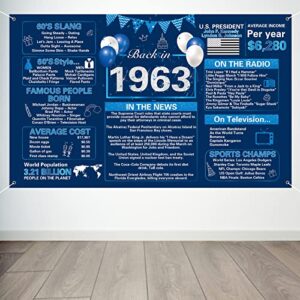 crenics blue silver 60th birthday decorations, vintage back in 1963 birthday backdrop banner, large 60 years old birthday anniversary poster photo background party supplies for women men, 5.9 x 3.6 ft