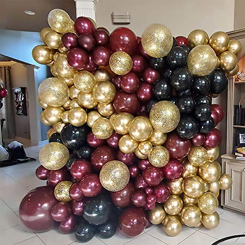 Gold and Burgundy Balloon Garland Arch Kit - 134Pcs Gold Confetti Balloons Burgundy Balloons and Black Balloons Party Supplies Decoration for Anniversary Wedding Bachelorette Bridal & Baby Shower Birthday Party(18"12"10"5")