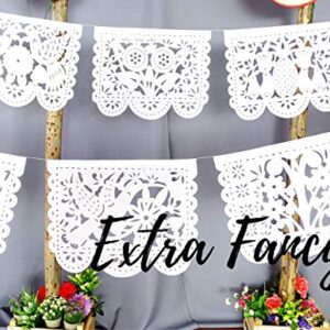 Mexican Party Decorations, 5 Pk White Papel Picado Banner Over 83 Feet long, For Wedding decorations, quinceañeras, birthdays, Mexican PAPER 50 Wedding Flags on string WS93