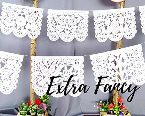 Mexican Party Decorations, 5 Pk White Papel Picado Banner Over 83 Feet long, For Wedding decorations, quinceañeras, birthdays, Mexican PAPER 50 Wedding Flags on string WS93