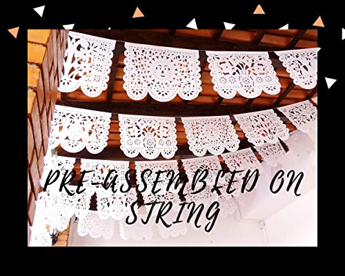 Mexican Party Decorations, 5 Pk White Papel Picado Banner Over 83 Feet long, For Wedding decorations, quinceañeras, birthdays, Mexican PAPER 50 Wedding Flags on string WS93