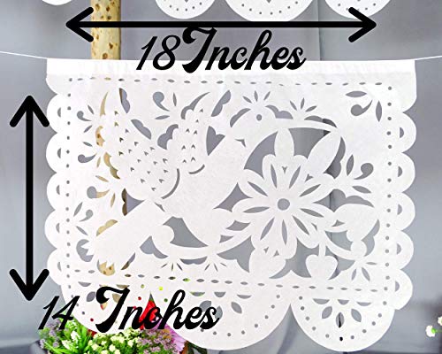 Mexican Party Decorations, 5 Pk White Papel Picado Banner Over 83 Feet long, For Wedding decorations, quinceañeras, birthdays, Mexican PAPER 50 Wedding Flags on string WS93