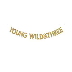 young wild&three banner, fun gold gliter paper sign for kids/boys/girls 3rd birthday party, wild themed birthday party decorations