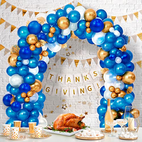 Royal Blue and Gold Balloon Arch Kit, 12"+10"+5" Party Balloons Garland, Metallic Blue Navy Blue Gold Balloons for Birthday Thanksgiving Baby Shower New Year Party Decoration -168Pcs