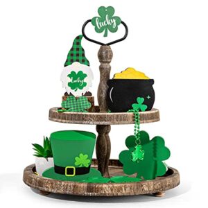 whaline st. patrick’s day tiered tray decor set including shamrock gold coin pot lucky clover gnome green hat farmhouse wood sign irish spring table centerpiece for holiday party home decor, 4pcs
