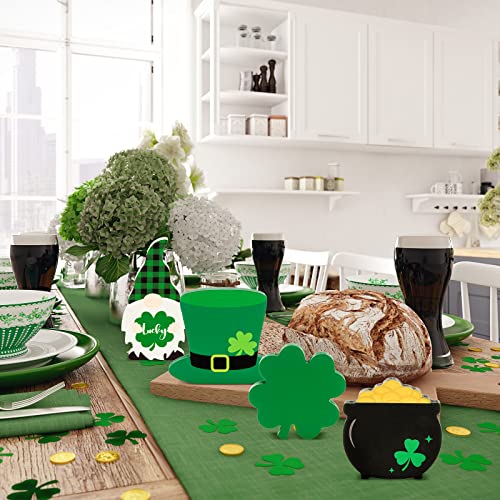 Whaline St. Patrick's Day Tiered Tray Decor Set Including Shamrock Gold Coin Pot Lucky Clover Gnome Green Hat Farmhouse Wood Sign Irish Spring Table Centerpiece for Holiday Party Home Decor, 4Pcs