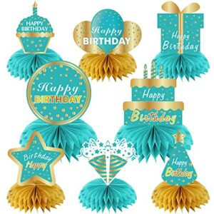 teal and gold birthday decorations honeycomb centerpiece for women girls, 8pcs breakfast blue gold happy birthday table centerpiece party supplies, 16th 21st 30th 40th 50th birthday table topper decor