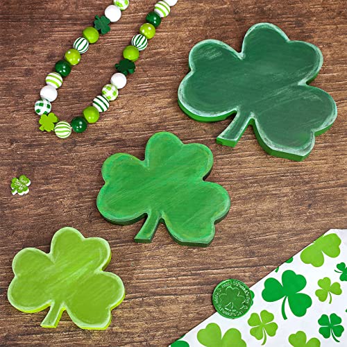 Whaline 3Pcs St. Patrick's Day Wooden Signs Rustic Green Shamrock Table Ornaments Lucky Clover Table Centerpieces Irish Holiday Decorative Table Centerpieces for Home Fireplace Tiered Tray Decor