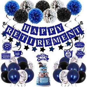 retirement party decorations for men women, happy retirement decorations blue happy retirement banner paper pompoms balloons hanging swirls cake toppers decor for retired party supplies