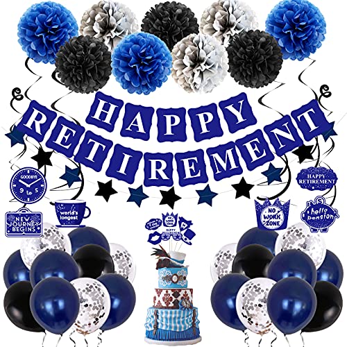 Retirement Party Decorations for Men Women, Happy Retirement Decorations Blue HAPPY RETIREMENT Banner Paper Pompoms Balloons Hanging Swirls Cake Toppers Decor for Retired Party Supplies