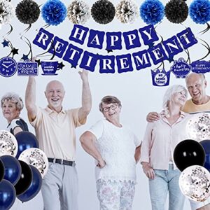 Retirement Party Decorations for Men Women, Happy Retirement Decorations Blue HAPPY RETIREMENT Banner Paper Pompoms Balloons Hanging Swirls Cake Toppers Decor for Retired Party Supplies