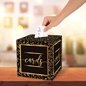 Black Gold Foil Card Box - Collapsible Money Box or Gift Box for Baby & Bride Shower, Birthday, Wedding Reception, Engagement Party, Graduation - 8"x8"x8" Party Favors Decorations Boxes(03)