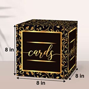 Black Gold Foil Card Box - Collapsible Money Box or Gift Box for Baby & Bride Shower, Birthday, Wedding Reception, Engagement Party, Graduation - 8"x8"x8" Party Favors Decorations Boxes(03)