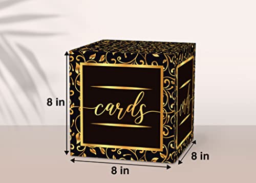 Black Gold Foil Card Box - Collapsible Money Box or Gift Box for Baby & Bride Shower, Birthday, Wedding Reception, Engagement Party, Graduation - 8"x8"x8" Party Favors Decorations Boxes(03)