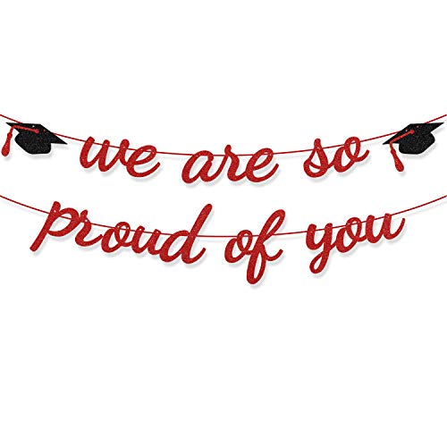 Red We Are So Proud of You Banner Graduation Party Decorations Glitter Hat Garland Class High School College Grad Party Supplies