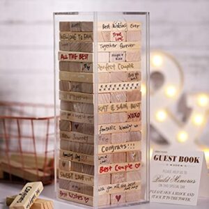 Wedding Guest Book Alternative, 54 PCS Wooden Block w Acrylic Display Box, Guest Book for Wedding Sign in, Baby Shower, Guestbook for Wedding, Wedding Book w 4 Paper Signs and 4 Color Pens