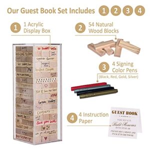 Wedding Guest Book Alternative, 54 PCS Wooden Block w Acrylic Display Box, Guest Book for Wedding Sign in, Baby Shower, Guestbook for Wedding, Wedding Book w 4 Paper Signs and 4 Color Pens