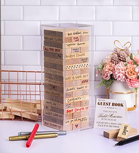 Wedding Guest Book Alternative, 54 PCS Wooden Block w Acrylic Display Box, Guest Book for Wedding Sign in, Baby Shower, Guestbook for Wedding, Wedding Book w 4 Paper Signs and 4 Color Pens