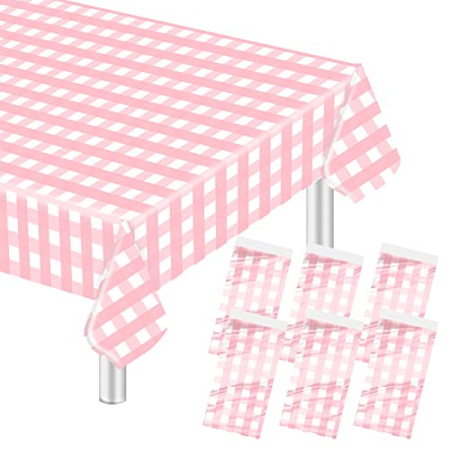 HEIPINIUYE 6 Pack Pink Gingham Disposable Tablecloths 54 x 108 White and Pink Plastic Checkered Table Cloth Pink Paper Tablecloth for Picnic Wedding Baby Shower Birthday Pink Gingham Table Cover