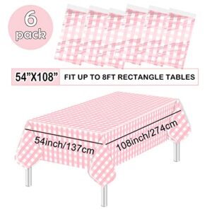 HEIPINIUYE 6 Pack Pink Gingham Disposable Tablecloths 54 x 108 White and Pink Plastic Checkered Table Cloth Pink Paper Tablecloth for Picnic Wedding Baby Shower Birthday Pink Gingham Table Cover