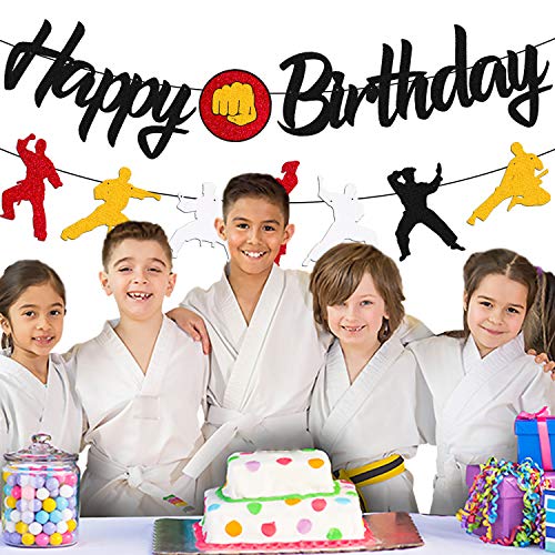 Karate Birthday Banner Taekwondo Themed Happy Birthday Decorations for Men Women Kids Boy Girl Bday Party Decorations Black Glitter Supplies