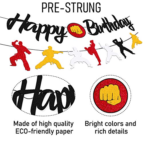 Karate Birthday Banner Taekwondo Themed Happy Birthday Decorations for Men Women Kids Boy Girl Bday Party Decorations Black Glitter Supplies