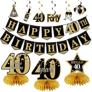 40th birthday banner decorations for men women, 10pcs happy 40th birthday banner honeycomb centerpieces swrils kit, forty bday banner ceiling table topper sign party supplies for indoor outdoor