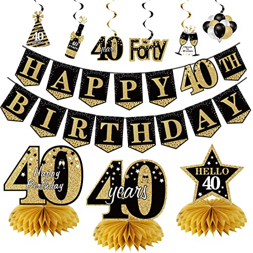 40th Birthday Banner Decorations for Men Women, 10Pcs Happy 40th Birthday Banner Honeycomb Centerpieces Swrils Kit, Forty Bday Banner Ceiling Table Topper Sign Party Supplies for Indoor Outdoor