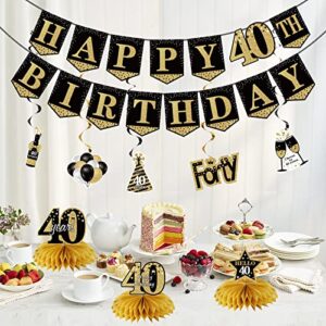 40th Birthday Banner Decorations for Men Women, 10Pcs Happy 40th Birthday Banner Honeycomb Centerpieces Swrils Kit, Forty Bday Banner Ceiling Table Topper Sign Party Supplies for Indoor Outdoor